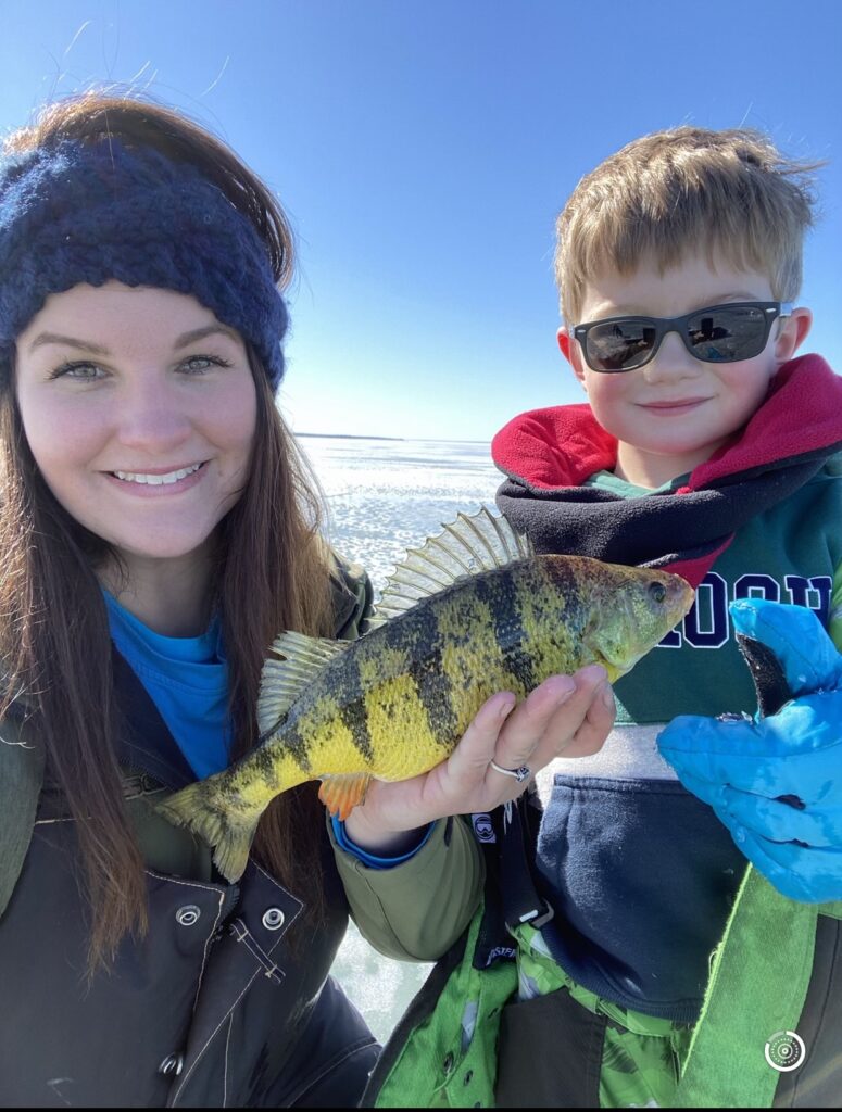 Sarah Delyea and her son Grayson with a good sized Jumbo Perch